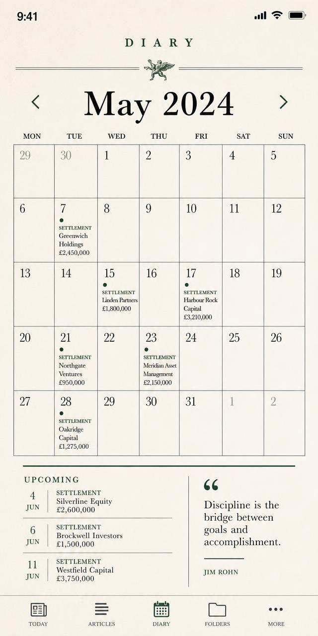 The Diary page laid out as a settlement calendar